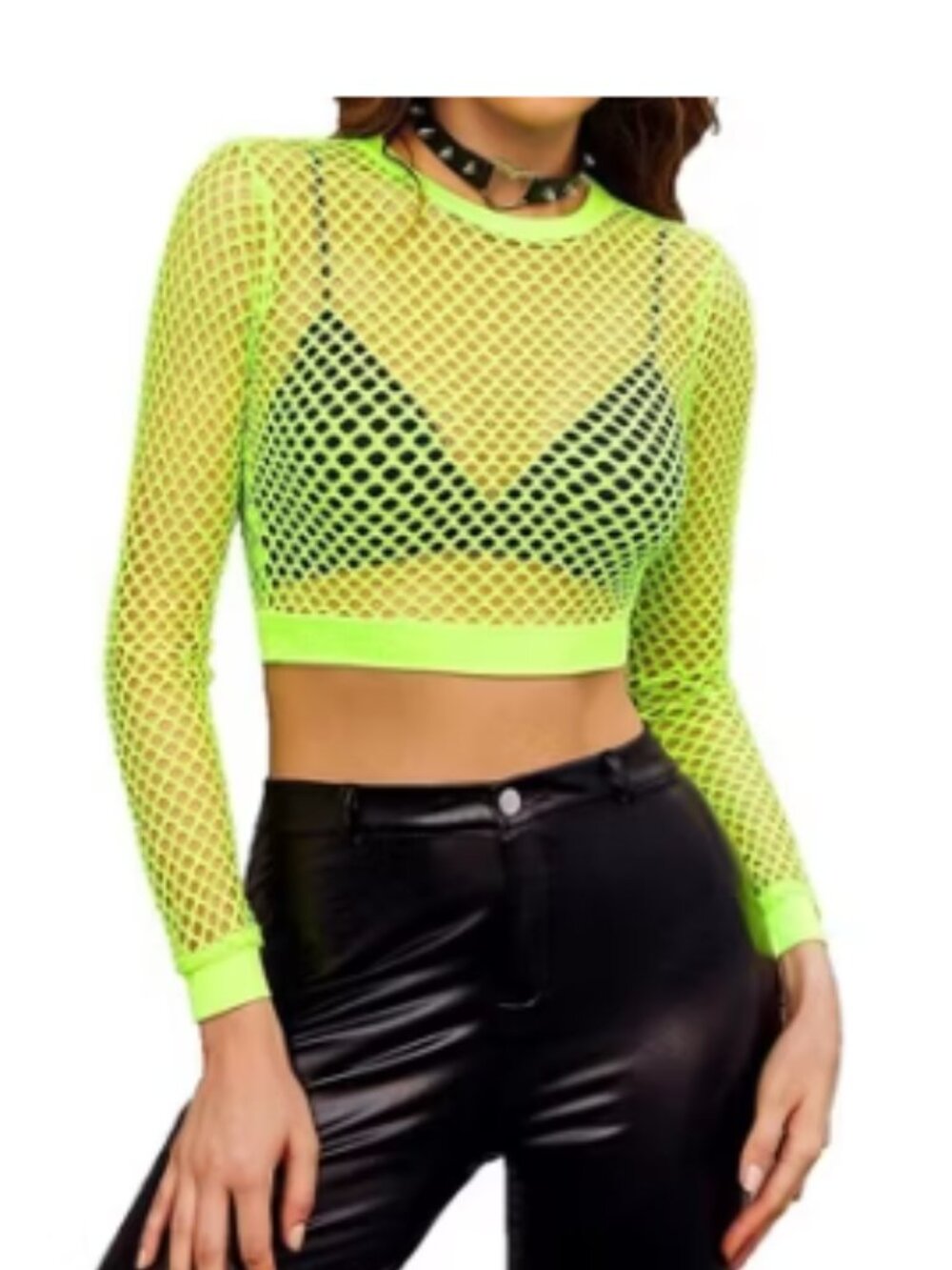 Neon Yellow Fishnet Mesh Sheer Crop Top 80's Rave Long Sleeve NWT Sz M